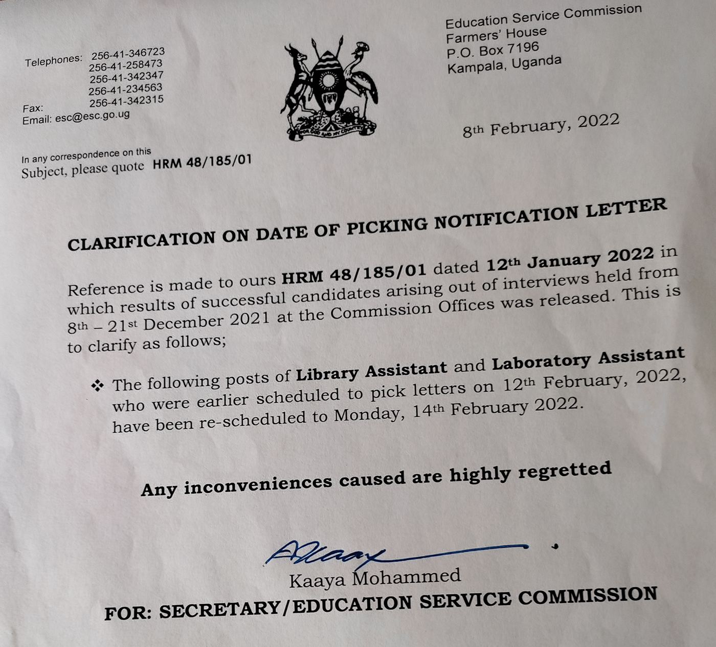 ESC_Clarification on date of picking Notification Letter